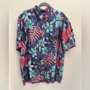 Reyn Spooner Aloha Shirt Blue and Red Tropical Print Casual Button Down Shirt